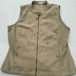 VTG Line Up For Sport Golf Vest Women's Medium Khaki Tan Zip Front Embroidered